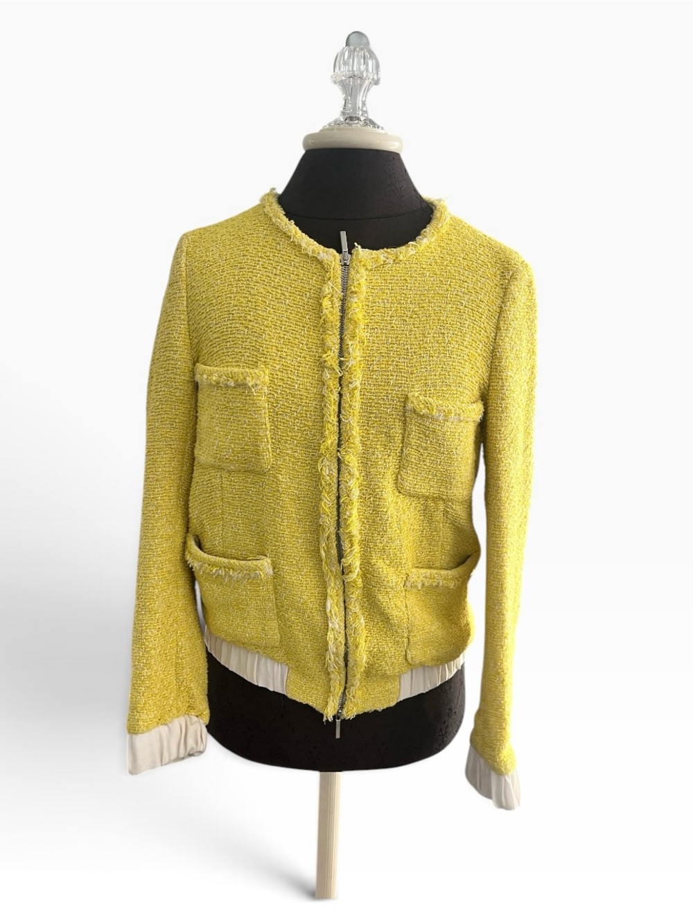 Zara Basic Yellow Tweed Lady Jacket Zip Medium Coco Old Money